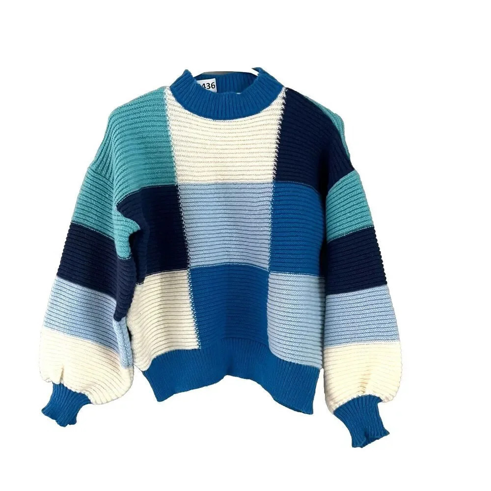 Womens Blue Ivory Knit Sweater Small Balloon Long Sleeve Mock Neck Colorblock
